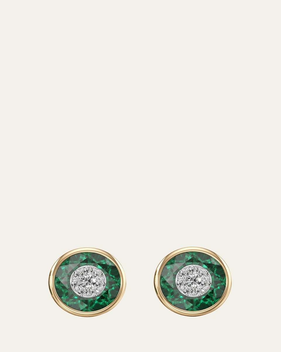 One Collection 10mm Round Fusion Emerald Bezel Stud Earrings in 18K Yellow Gold with Diamonds